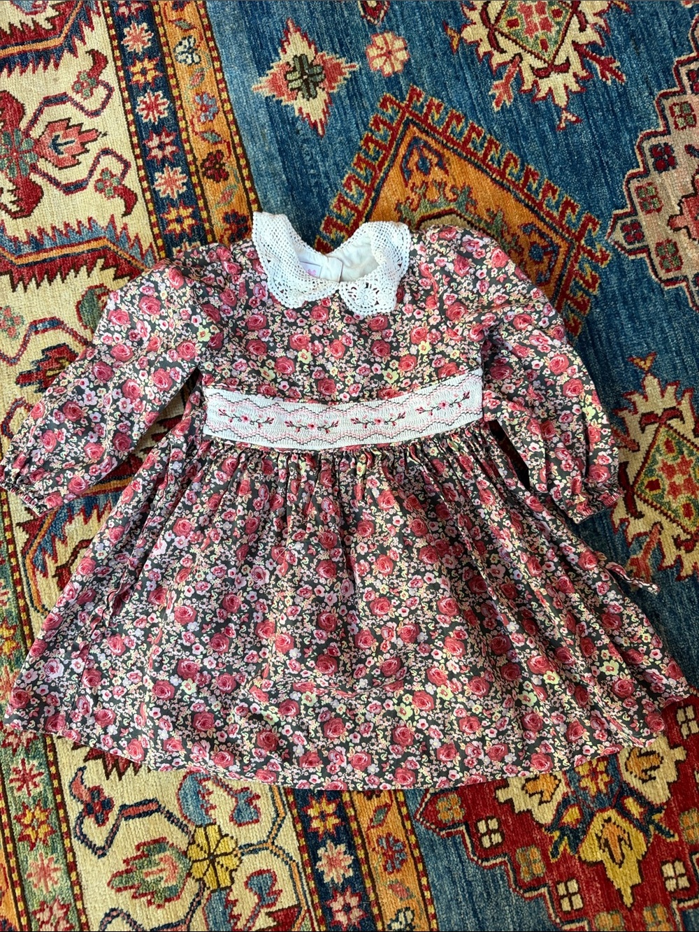 Bonnie Jean Pink Floral Long-Sleeve Dress with Lace Collar